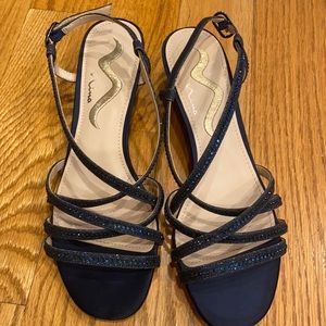 Nina navy satin/rhinestone wedge heels